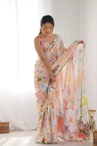 Multy chinon c digital printed saree with mirror cut work