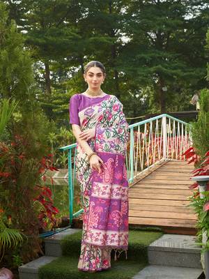 Violet tussar silk blend kalamkari printed traditional ethnic indian saree 1