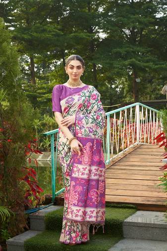 Violet tussar silk blend designer kalamkari printed traditional ethnic indian saree