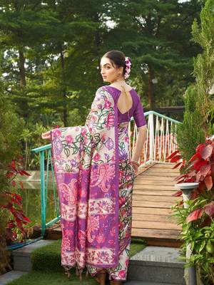 Violet tussar silk blend kalamkari printed traditional ethnic indian saree 2