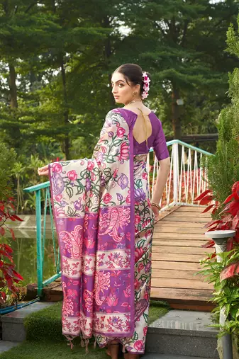 Violet tussar silk blend kalamkari printed traditional ethnic indian saree