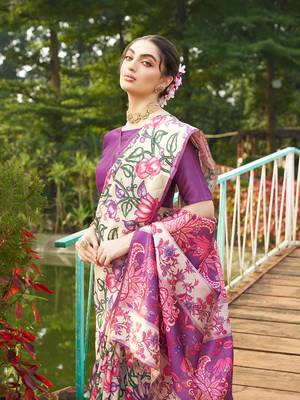 Violet tussar silk blend kalamkari printed traditional ethnic indian saree 3