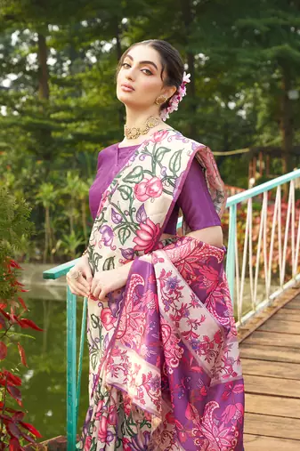 Violet tussar silk blend kalamkari printed traditional ethnic indian saree