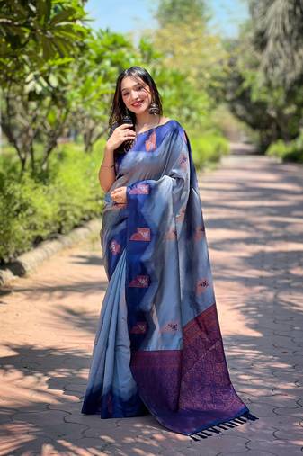 Women's Grey Faux Banarasi Silk Zari Woven Traditional Saree with Blouse
