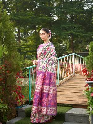 Violet tussar silk blend kalamkari printed traditional ethnic indian saree 4