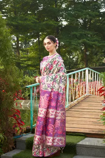 Violet tussar silk blend kalamkari printed traditional ethnic indian saree