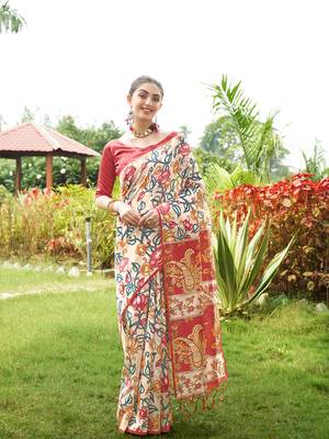 Red tussar silk blend kalamkari printed traditional ethnic indian saree 1