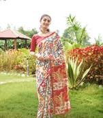 Red tussar silk blend kalamkari printed traditional ethnic indian saree