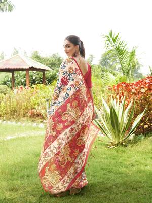 Red tussar silk blend kalamkari printed traditional ethnic indian saree 2