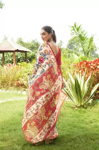 Red tussar silk blend kalamkari printed traditional ethnic indian saree