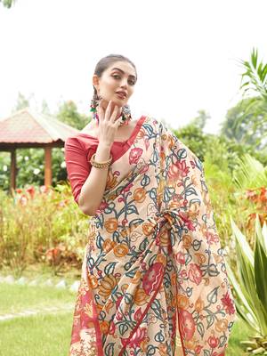 Red tussar silk blend kalamkari printed traditional ethnic indian saree 3