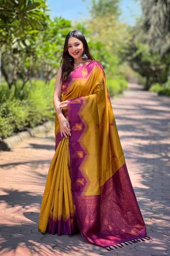 Women's Mustard Faux Banarasi Silk Zari Woven Traditional Saree with Blouse