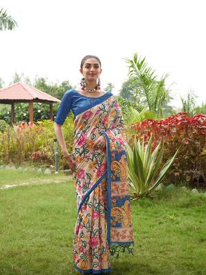 Blue tussar silk blend kalamkari printed traditional ethnic indian saree 1