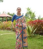 Blue tussar silk blend kalamkari printed traditional ethnic indian saree