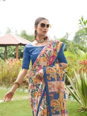 Blue tussar silk blend kalamkari printed traditional ethnic indian saree 2
