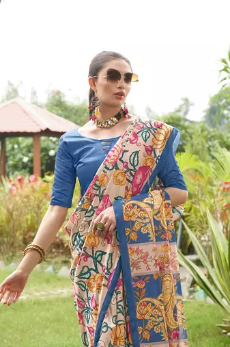 Blue tussar silk blend kalamkari printed traditional ethnic indian saree
