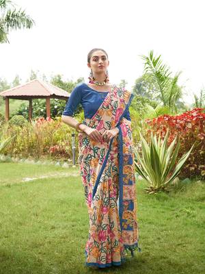 Blue tussar silk blend kalamkari printed traditional ethnic indian saree 4