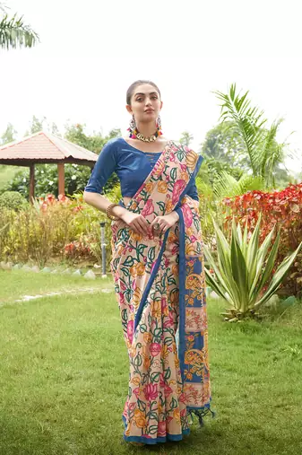 Blue tussar silk blend kalamkari printed traditional ethnic indian saree