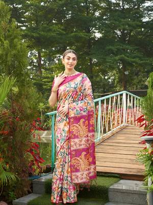Pink tussar silk blend kalamkari printed traditional ethnic indian saree 1