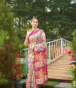 Pink tussar silk blend kalamkari printed traditional ethnic indian saree