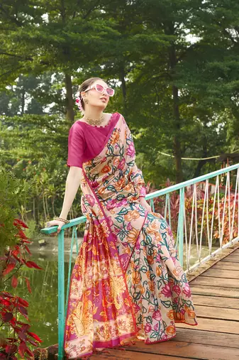 Pink tussar silk blend kalamkari printed traditional ethnic indian saree