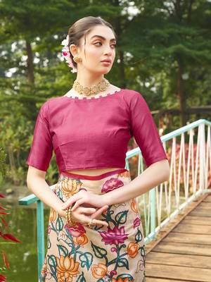 Pink tussar silk blend kalamkari printed traditional ethnic indian saree 3