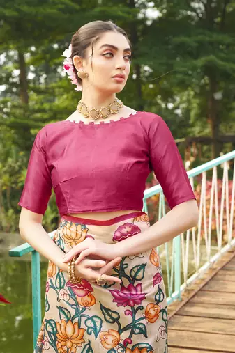 Pink tussar silk blend kalamkari printed traditional ethnic indian saree