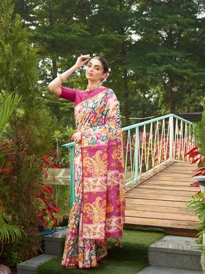 Pink tussar silk blend kalamkari printed traditional ethnic indian saree 4