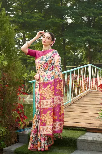 Pink tussar silk blend kalamkari printed traditional ethnic indian saree
