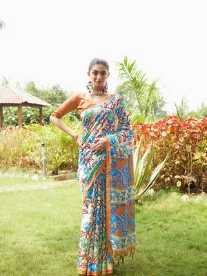 Mustard tussar silk blend kalamkari printed traditional ethnic indian saree 1