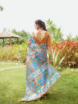 Mustard tussar silk blend kalamkari printed traditional ethnic indian saree 2