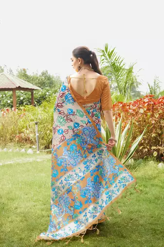 Mustard tussar silk blend kalamkari printed traditional ethnic indian saree