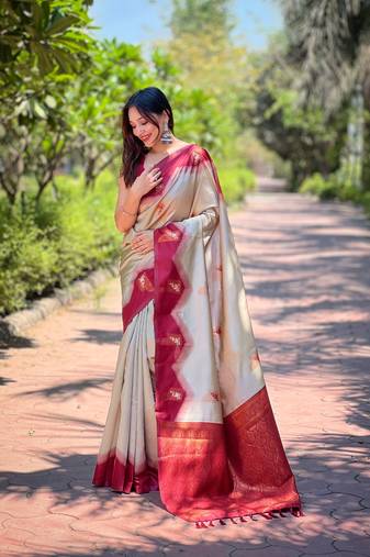 Women's Cream Faux Banarasi Silk Zari Woven Traditional Saree with Blouse