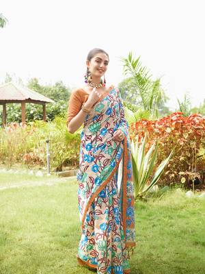 Mustard tussar silk blend kalamkari printed traditional ethnic indian saree 4