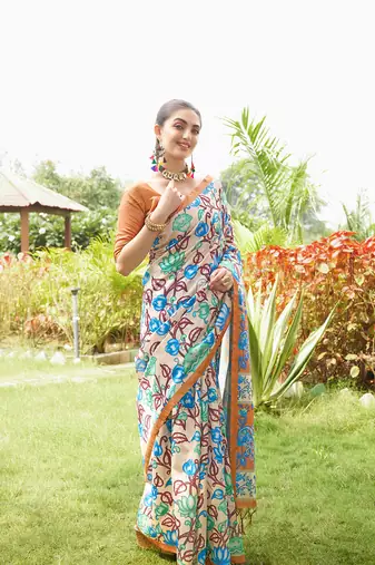 Mustard tussar silk blend kalamkari printed traditional ethnic indian saree