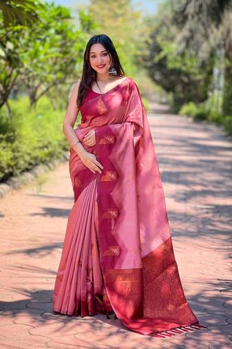 Women's Peach Faux Banarasi Silk Zari Woven Traditional Saree with Blouse