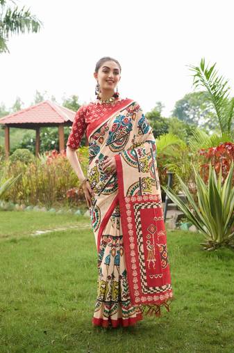 Multi- tussar silk blend c designer patola printed ethnic traditional saree