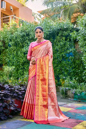 Women's Peach Banarasi Handloom Silk Zari Woven Traditional Saree with Blouse