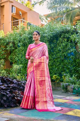 Women's Pink Banarasi Handloom Silk Zari Woven Traditional Saree with Blouse