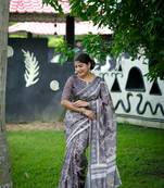 Grey cotton c saree with digital printed