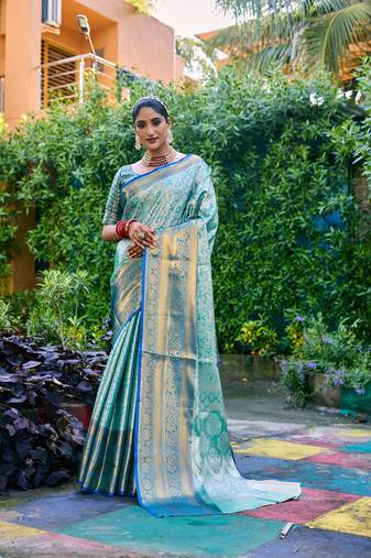 Women's Turquoise Banarasi Handloom Silk Zari Woven Traditional Saree with Blouse