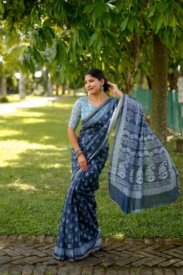 Blue cotton c saree with digital printed 1