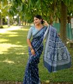 Blue cotton c saree with digital printed