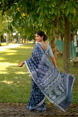 Blue cotton c saree with digital printed 2