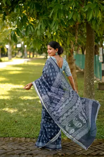 Blue cotton c saree with digital printed