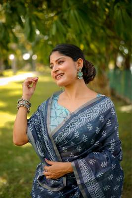 Blue cotton c saree with digital printed 3