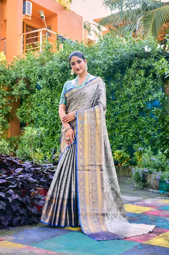 Women's Grey Banarasi Handloom Silk Zari Woven Traditional Saree with Blouse