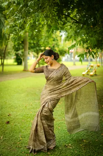 Green cotton c saree with digital printed