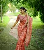 Orange cotton c saree with digital printed