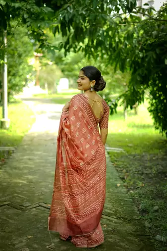 Orange cotton c saree with digital printed